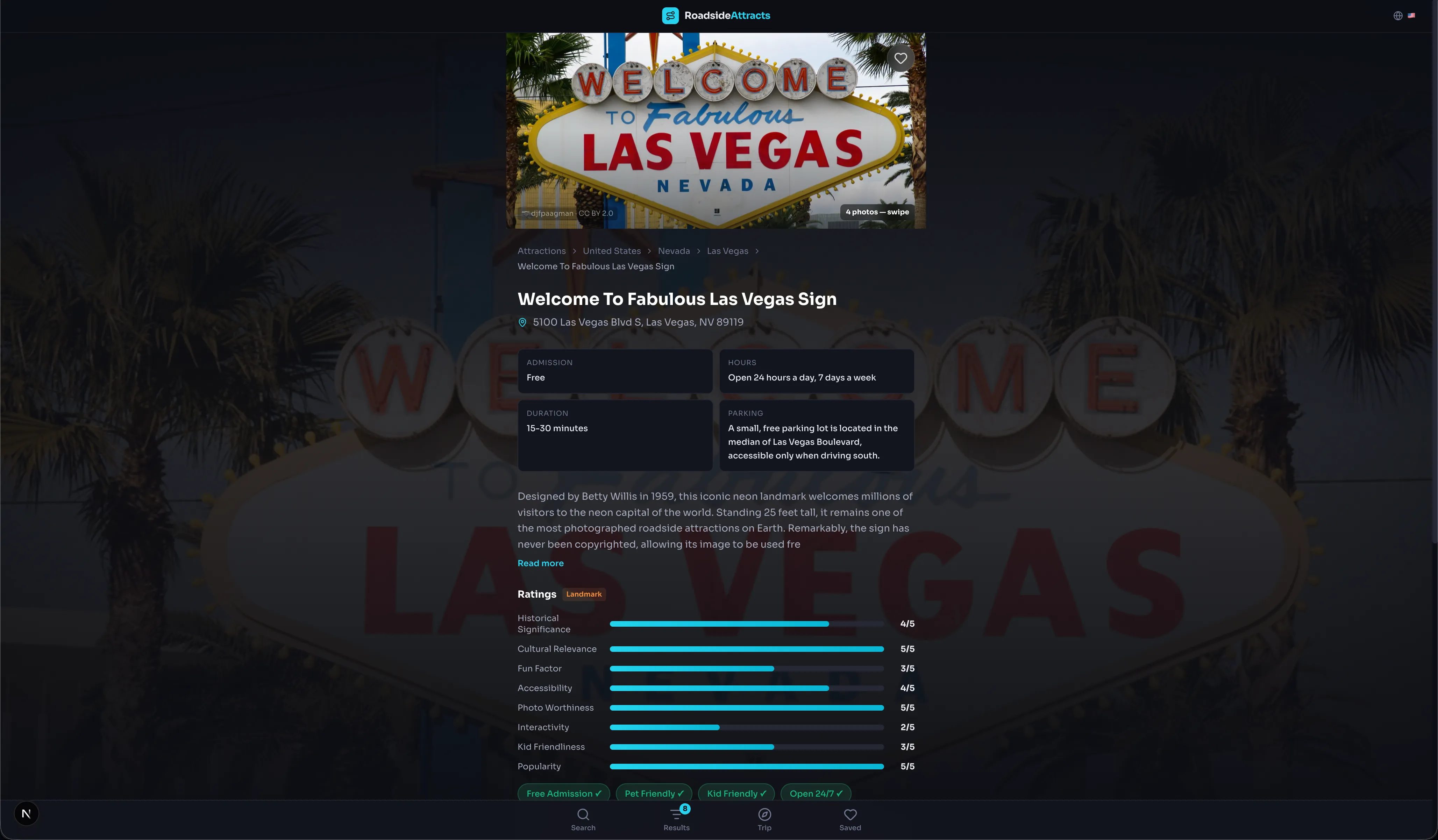 RoadsideAttracts attraction page for the Welcome to Fabulous Las Vegas sign — AI-scored ratings across historical significance, photo worthiness and more, with practical visit info and a trip planner